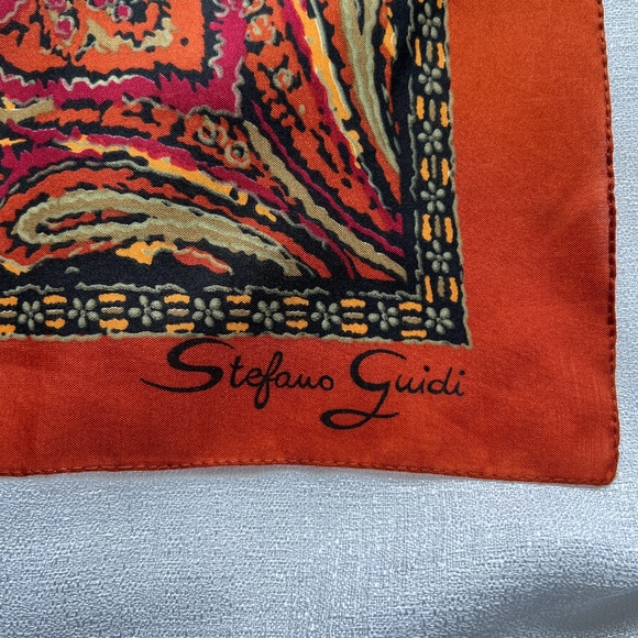 Stefano Guidi Scarf 31" Square Abstract Paisley Green Brown Border - Picture 3 of 4